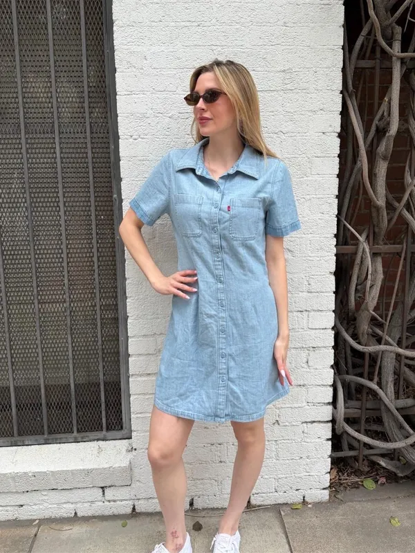 Levi's solid spread collar blue denim dress mini Size S #denim #western - Image 3