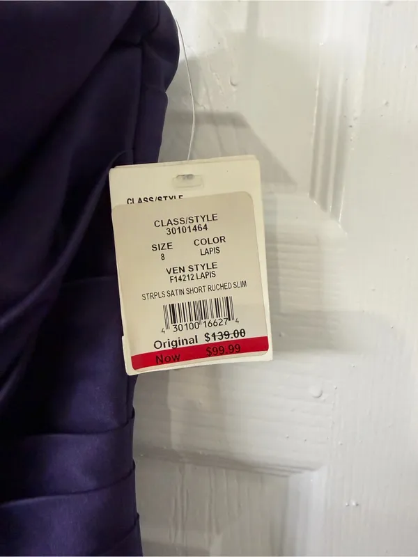 David's Bridal Plum Strapless Ruched Satin Cocktail Dress‎ - Image 3