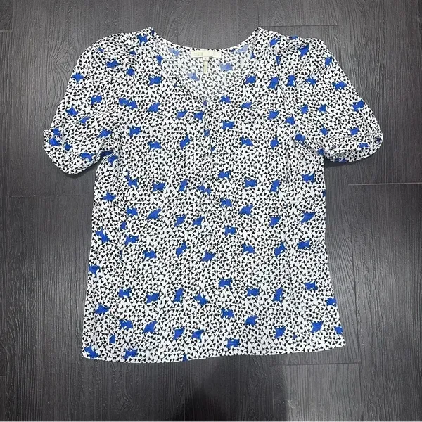 MAJE Blouse Lensam Printed Henley V-neck Short Puff Shoulder White Size 1‎ Small - Image 3