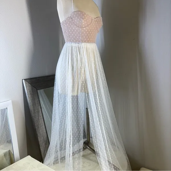White Fox Boutique Strapless maxi sheer Dress in Pink and White - Image 13