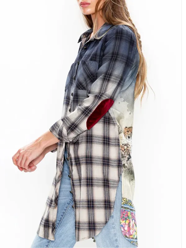 Aratta Silent Journey Cheetah Shirt-Dress Plaid Mixed Media Boho Bohemian - Image 5