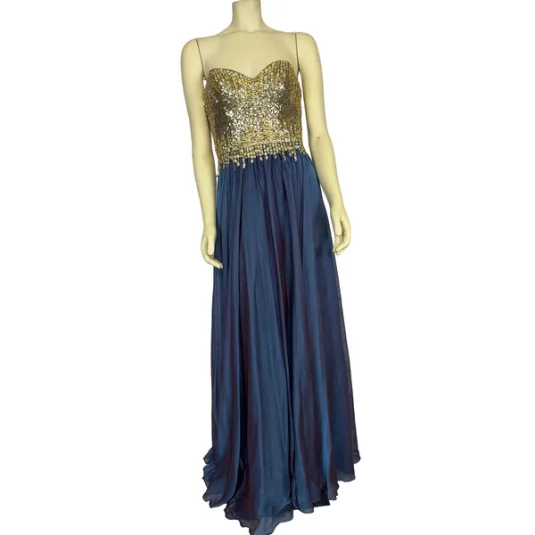 2000s Glow Dress Blue Chiffon Beaded Prom Gown Gold Sequin Formal Strapless S - Image 2