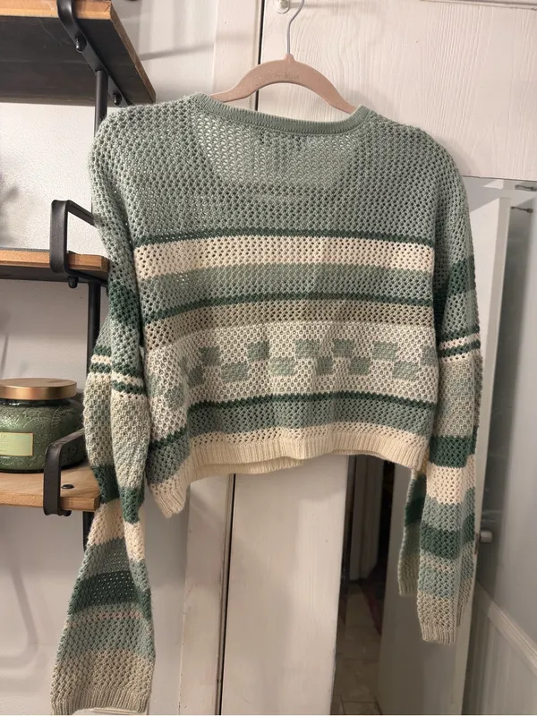 Cotton Emporium Sage & Cream Striped Open-Weave Cropped Sweater - Image 3