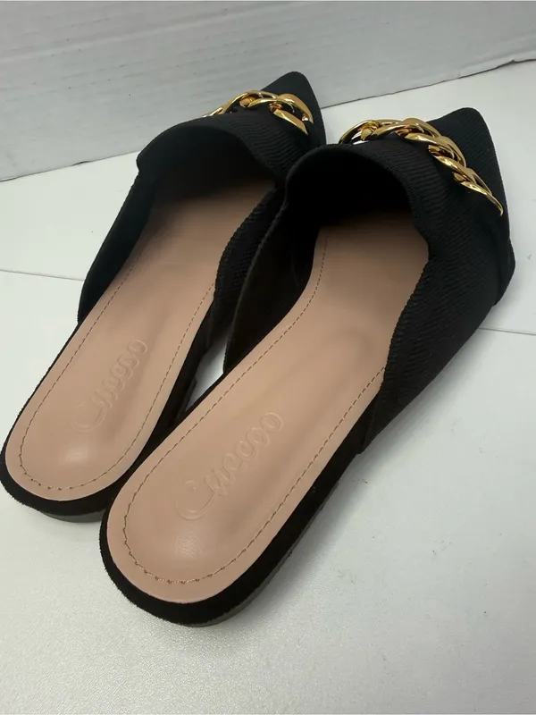 CUCCOO Black Pointed Toe Mule Flats Gold Chain EU 41 US 10-10.5 - Image 4