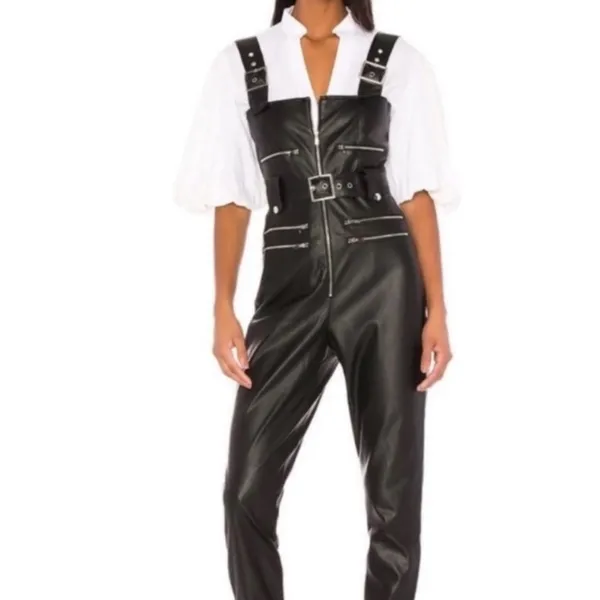 WE‎ WORE WHAT Moto Overalls Vegan Leather Black XS WWQ06 1 - Image 3