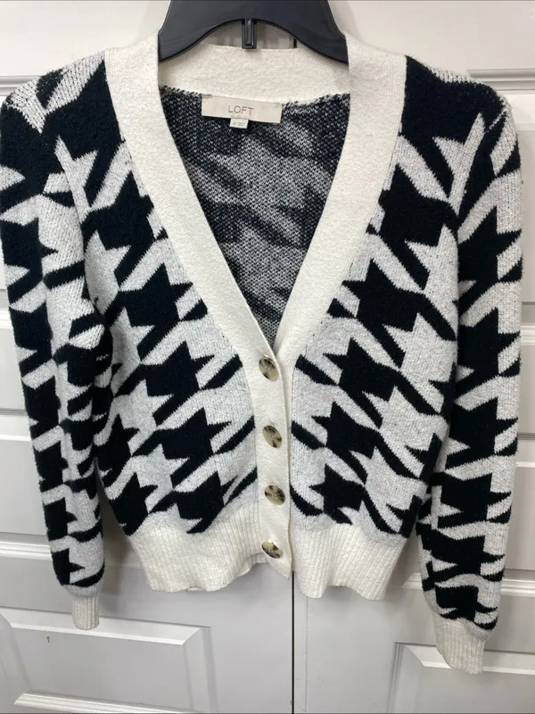 Loft Ivory Black Houndstooth V-Neck Button Front Cardigan Sweater XS Extra Small - Image 3