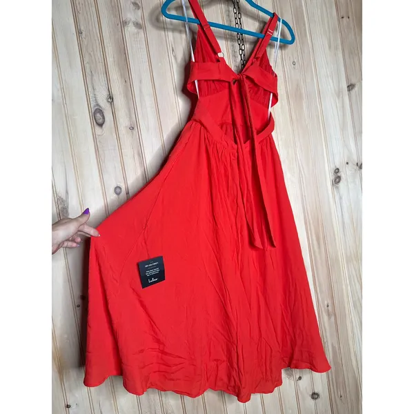 NWT Lulus Bold New Look Bright Red Tie-Back Midi Dress With Pockets Party Sz XS - Image 5