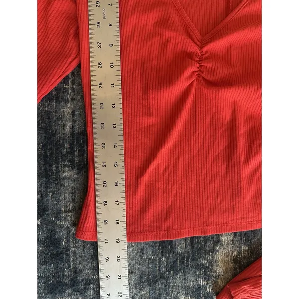 PacSun Ribbed Crop Top Red Long Sleeve Deep V Back & Front W/ Ruched Size Medium - Image 6