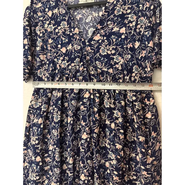 Natural Life Floral Babydoll Dress Womens XS/S Navy Blue Boho V-Neck Mini Rayon - Image 4