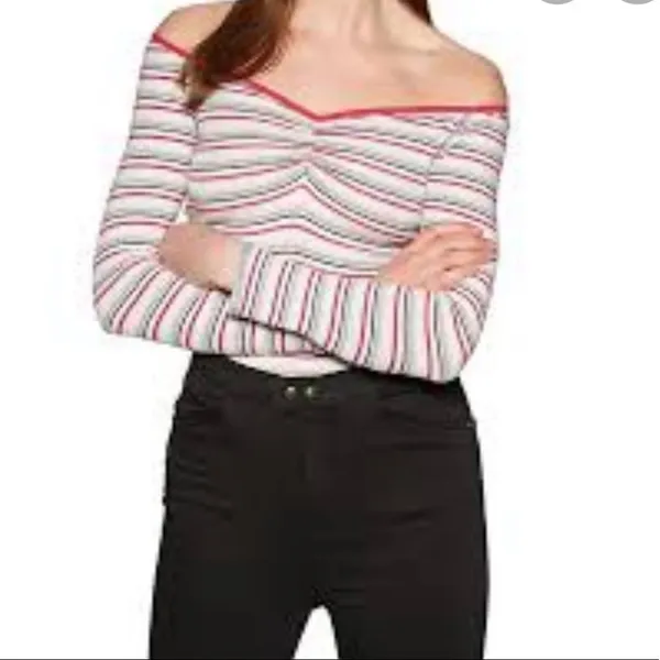 Free People Striped Ribbed Off Shoulder Bodysuit Womens XS Sweetheart Neckline - Image 4