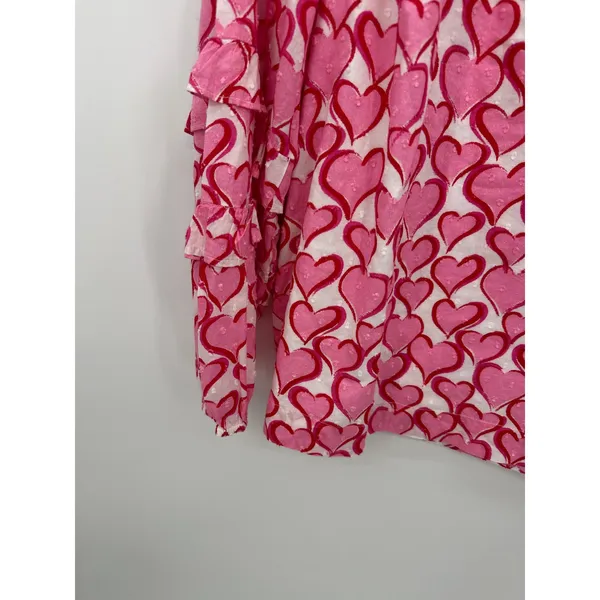 Crown & Ivy Womens Large Pink White Heart Print Ruffle Clip Dot Cotton Blouse - Image 5
