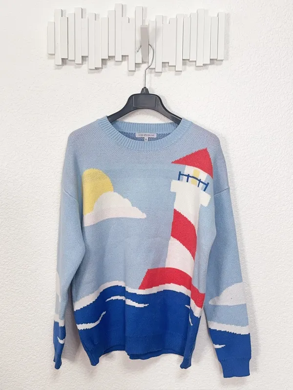 Miss Sparkling Coastal Lighthouse Scenic Knit Sweater Nautical Oversized Pullove - Image 2