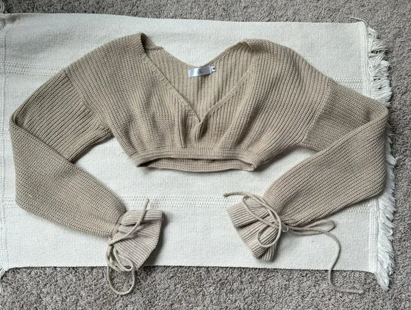 Tan Knit Puff Ruffle Sleeve Bow Tie Cropped Long Sleeve Sweater Top - Image 2