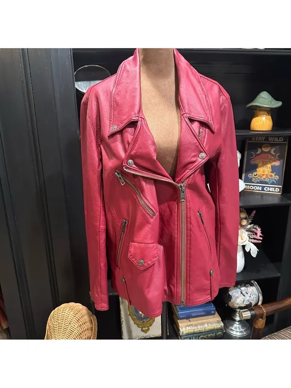 Free People We The Free Jealousy Vegan Leather Moto Jacket – Rhubarb Red – Size Small - Image 2