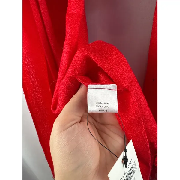 Women’s Pashmina O/S Bright Red Scarf w/ Bead Detail - Image 4
