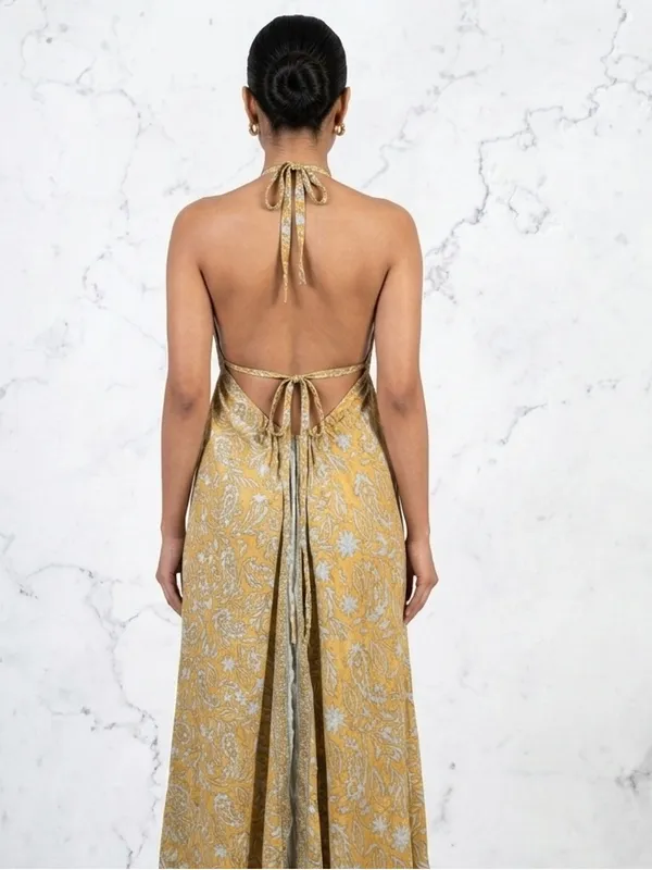 OCEAN BLUE APPAREL Halter Maxi Dress Boho Bohemian Paisley Shimmer Open Back - Image 2