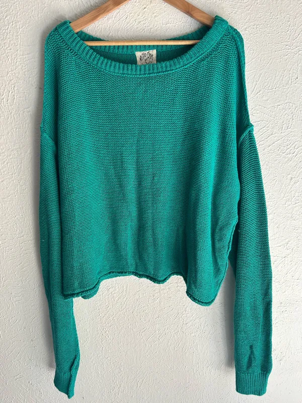 Free People Inside Out Pullover Teal Turquoise Cotton Slouchy Cropped Sweater XL - Image 3