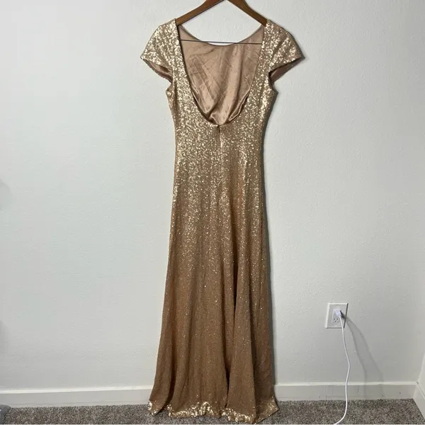 Revelry Chloe‎ Sequin Dress Gold Maxi Floor Length Gown Scoop Open Back Womens 4 - Image 4