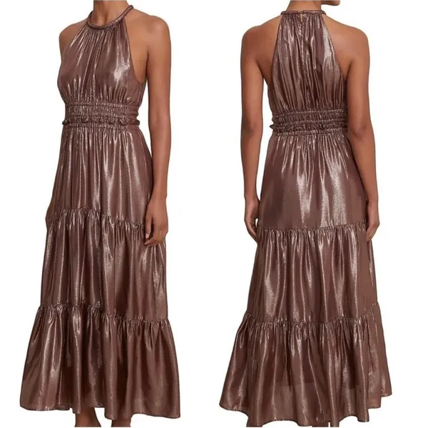 A.L.C. Elara Metallic Silk Halter Maxi Dress Bitter Chocolate 14 wedding guest - Image 2
