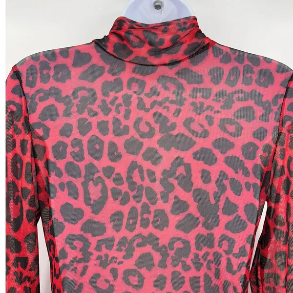 Y2K Red Leopard Mesh Dress Sz M Indie Sleaze Grunge Clubwear Shein Mock Neck - Image 7