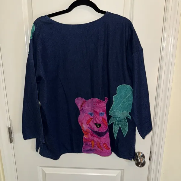 Alfredo's Wife Vintage Denim Tunic‎ Shirt Sz Small Colorful Leopards Folk Art - Image 5
