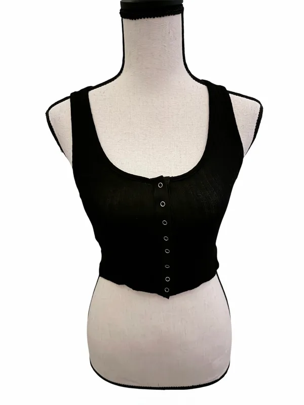 Windsor Black Ribbed Knit Button Front Cropped Tank Top Scoop Neck Stretch - Image 2