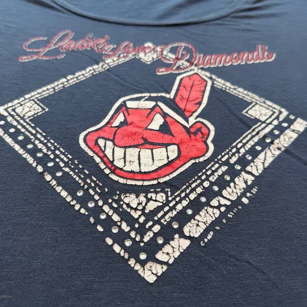 Cleveland Indians Campus Lifestyle Navy Blue Chief Wahoo Rhinestone Tee M - Image 4