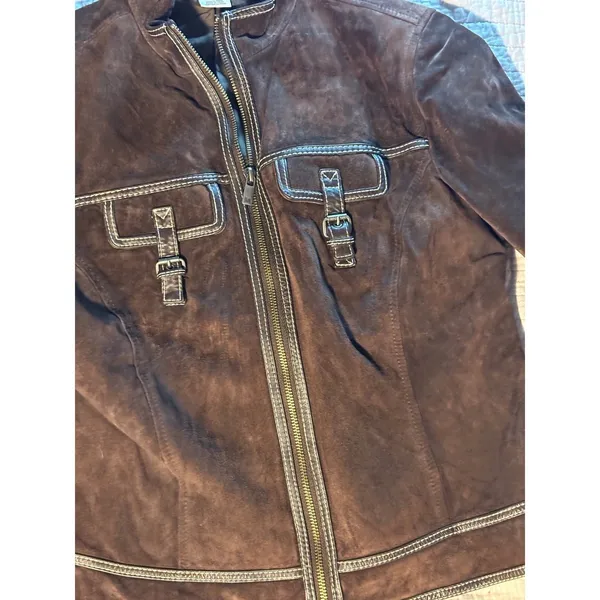 Michael Michael Kors Brown Suede Leather Jacket Contrast Stitch Buckle Large - Image 9