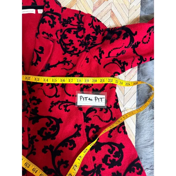 Coldwater Creek Red Black Scroll Print‎ Wool Blazer Jacket 1X Velvet Brocade - Image 7