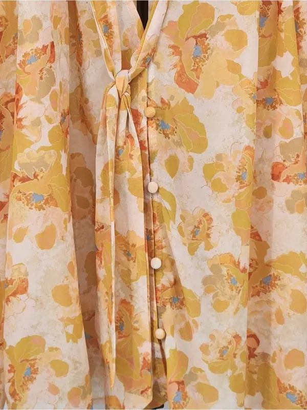 Flying Tomato Yellow Floral Tie-Neck Blouse with Button Front - Image 2