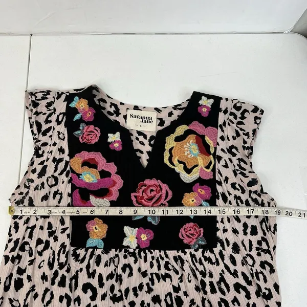 Savanna Jane Size L Blouse Leopard Print Embroidered Floral Top Boho Women's - Image 11