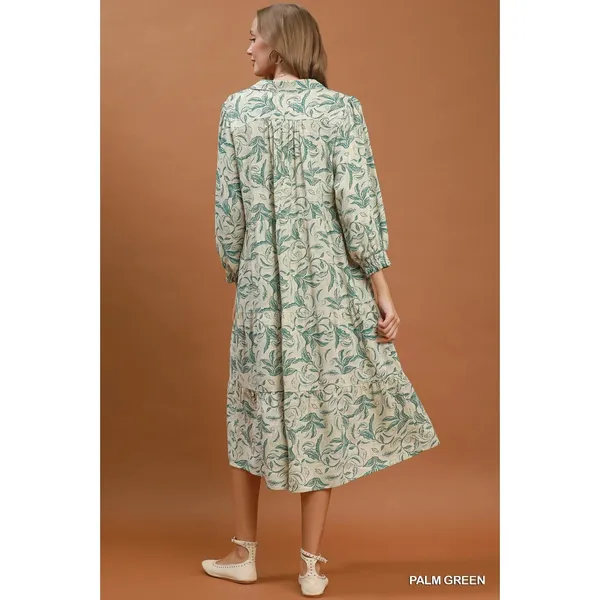 Umgee Linen Botanical Print Tiered Midi Dress - Palm Green - Small - Image 3