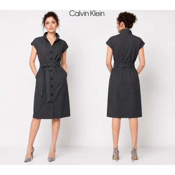 Calvin Klein Womens Charcoal Grey Button Front Belted Cap Sleeve Shirt Dress 4 - Image 2