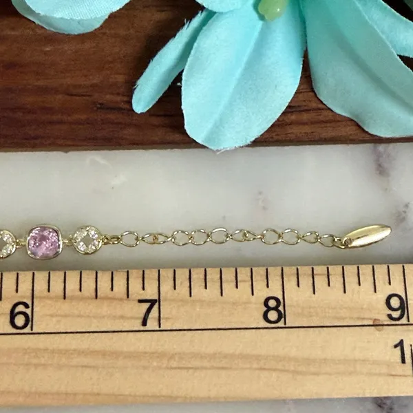 14K Gold Plated XP Pink Crystal Gold Tone Pave Link Bracelet Adjustable - Image 3