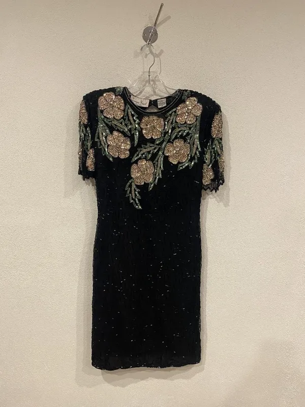 Laurence Kazar Dress Womens Medium Black Vintage Sequin Beaded Floral Silk Party - Image 2