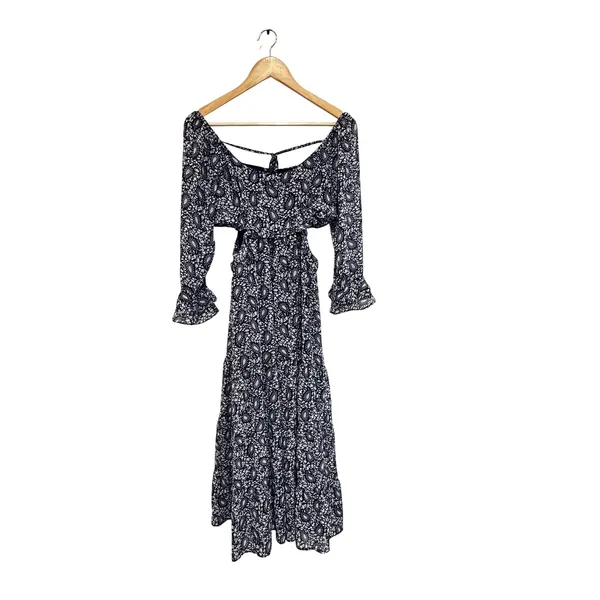 Lulus Blissful Sweetie Navy Blue Paisley Tiered Cutout Midi Dress Size XS - Image 4