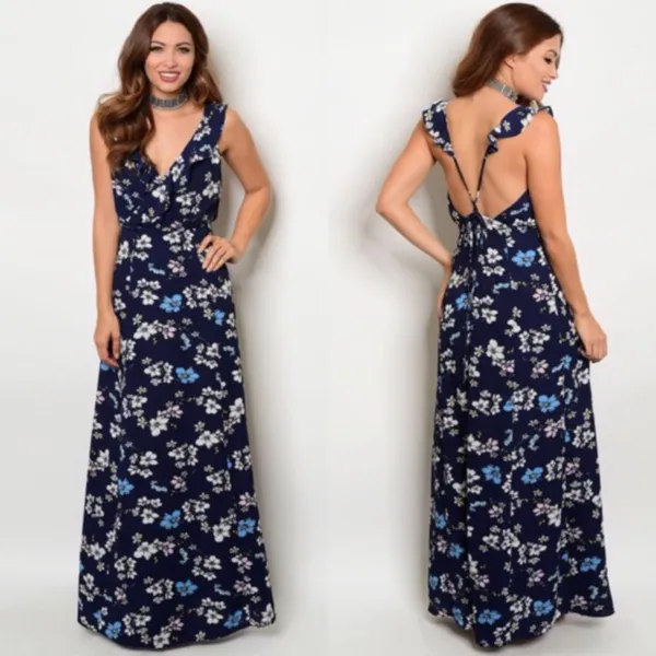 Navy with Ruffles Flowers Maxi Dress - Image 2