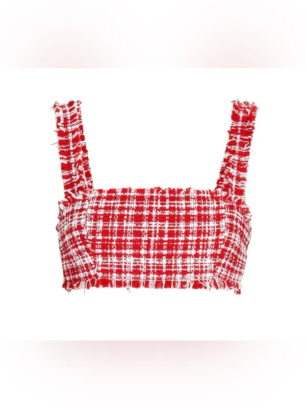 Self Portrait Red & White Boucle Square-Neck Crop Top size 6 - Image 2