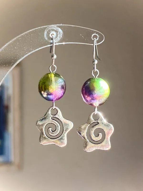 Handmade funky grunge y2k Czech glass beads & swirl star earrings 🌙🌀 - Image 4