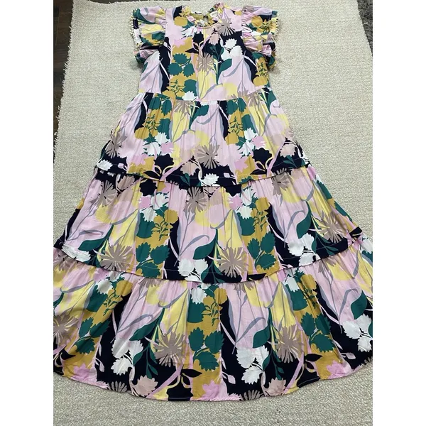 pantsstore Floral Ruffle Maxi Dress Pom Pom Accents Pink Yellow Green Size S - Image 14