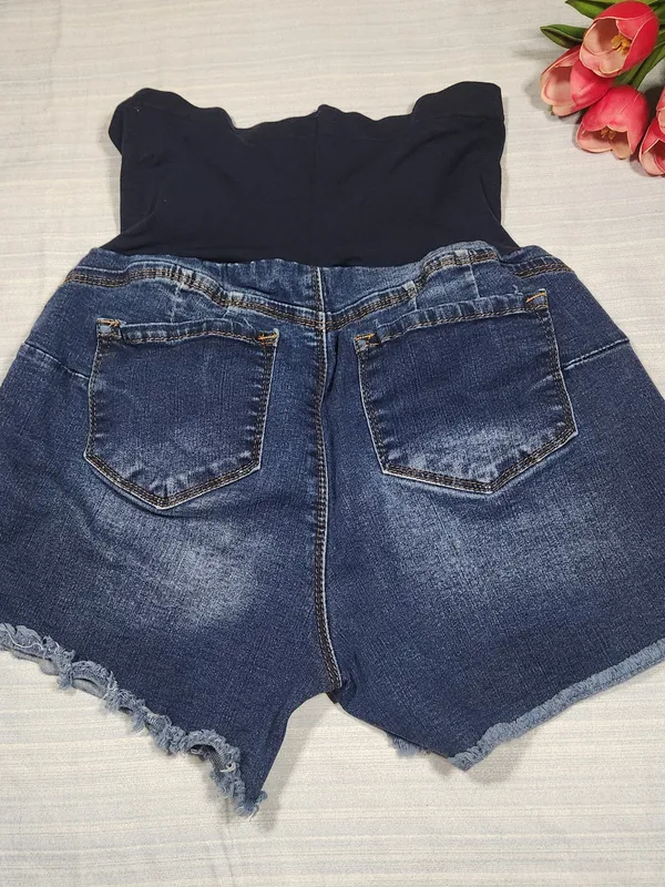 Haute Mama Maternity Full Pane Denim Shorts - Distressed. Dark Wash - Size M - Image 7
