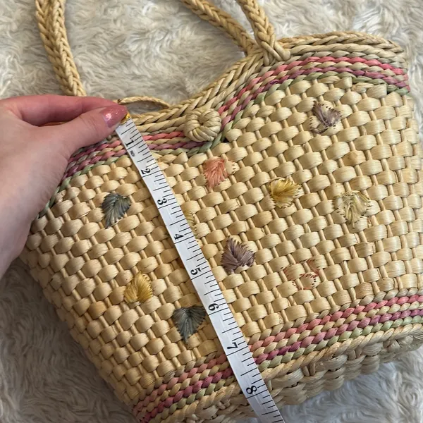 Vintage Straw Cottagecore Handle Purse Basket Bag Pink Gingham Floral - Image 10