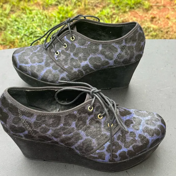 Nicole Wedge Oxfords Women Size 8M Black Blue Leopard Print Lace Up Shoes - Image 7