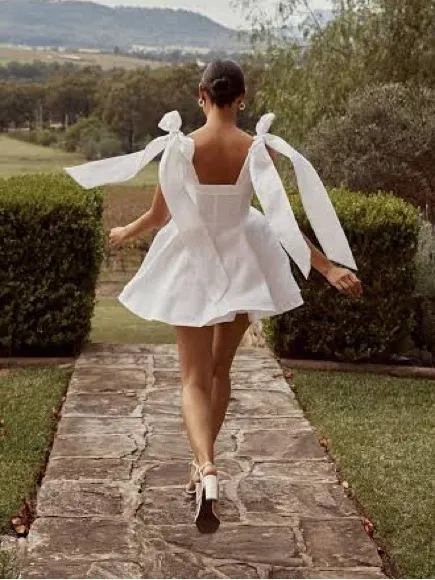 Dissh Aisle White Linen Bow Strap Mini Dress 100% Linen US 6 EUC - Image 3