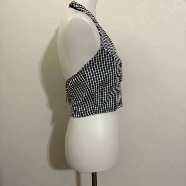 21 Saints Halter Crop Top L Black White Houndstooth Backless V-Neck Mod Summer - Image 4