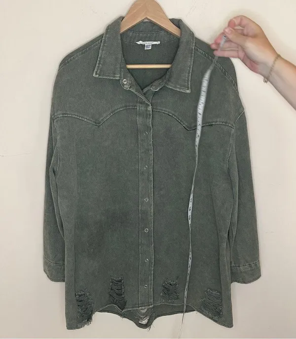 12Th Tribe Womens Dark Olive Green Distressed Shacket Button Up One Size Jacket - Image 2