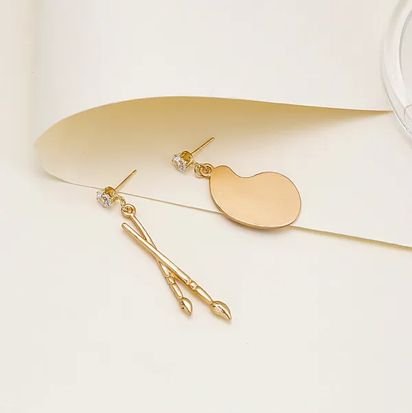 Asymmetrical Artist Earrings- Gold Art Palette Painter Paint Brush Jewelry Gift - Image 4