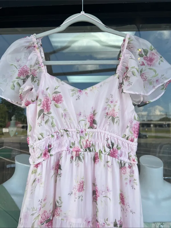 Floral Chiffon Flounce Sleeve Shirred Midi Dress Small - Image 6