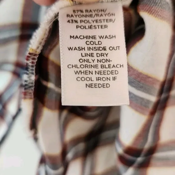LOFT Autumn Plaid Blouse Softened Roll Tab Sleeve Crew Neck Cream Brown Rayon L - Image 6