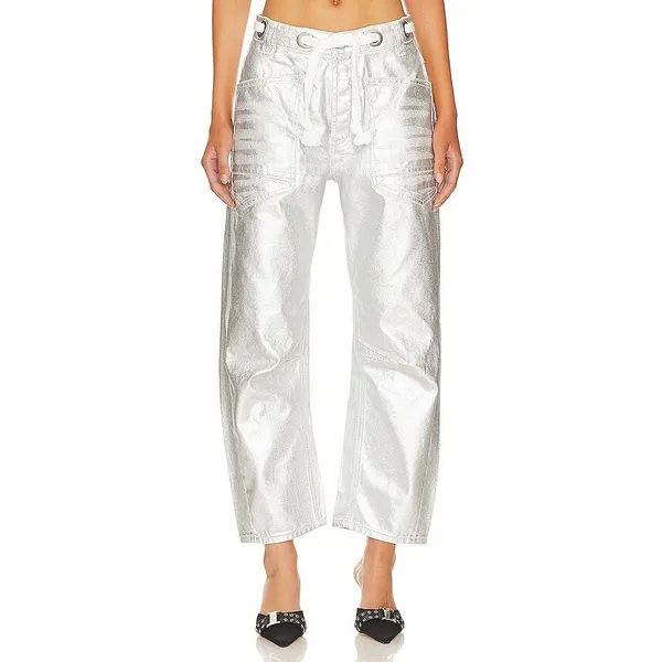Free People We The Free Good Luck Mid-Rise Barrel Jeans Metallic Silver Foil 29 - Image 2